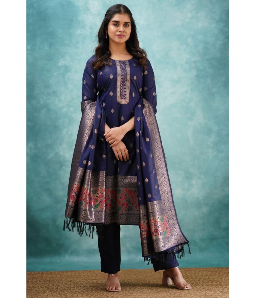     			Trijal Fab Silk Blend Self Design Kurti With Pants Women's Stitched Salwar Suit - Blue ( Pack of 1 )