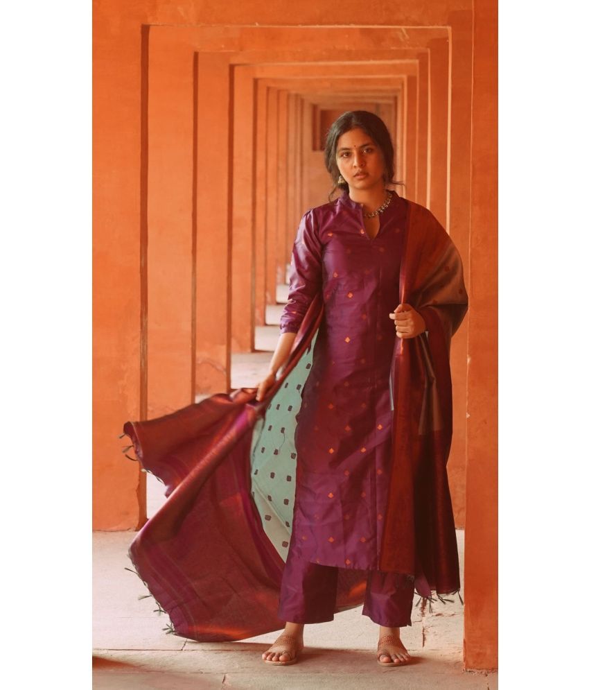     			Trijal Fab Silk Blend Self Design Kurti With Pants Women's Stitched Salwar Suit - Purple ( Pack of 1 )