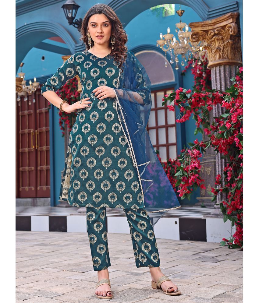     			Trijal Fab Silk Blend Self Design Kurti With Pants Women's Stitched Salwar Suit - Green ( Pack of 1 )