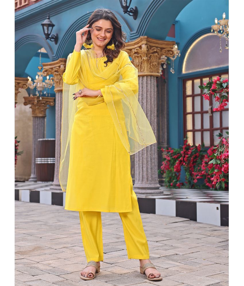     			kedar fab Cotton Silk Solid Kurti With Pants Women's Stitched Salwar Suit - Yellow ( Pack of 1 )