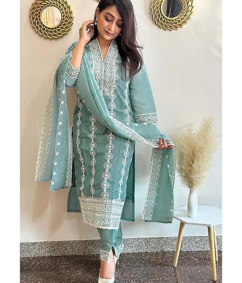     			kedar fab Silk Blend Embroidered Kurti With Pants Women's Stitched Salwar Suit - Light Blue ( Pack of 1 )