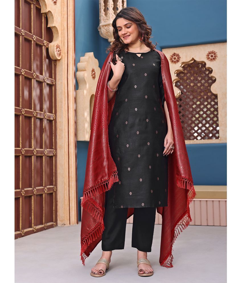     			kedar fab Silk Blend Self Design Kurti With Pants Women's Stitched Salwar Suit - Black ( Pack of 1 )