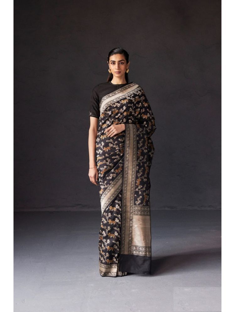     			Vividvibe Pack of 1 Banarasi Silk Printed Saree With Blouse Piece ( Black )