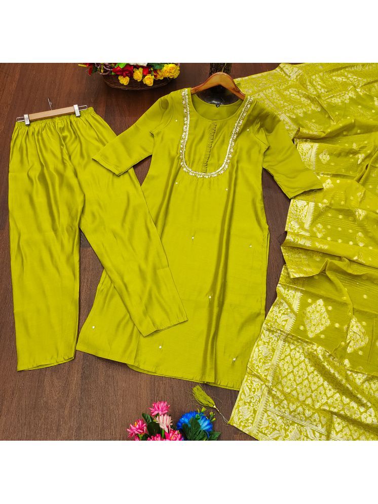     			BOUGHT FIRST Silk Blend Embellished Kurti With Pants Women's Stitched Salwar Suit - Yellow ( Pack of 1 )