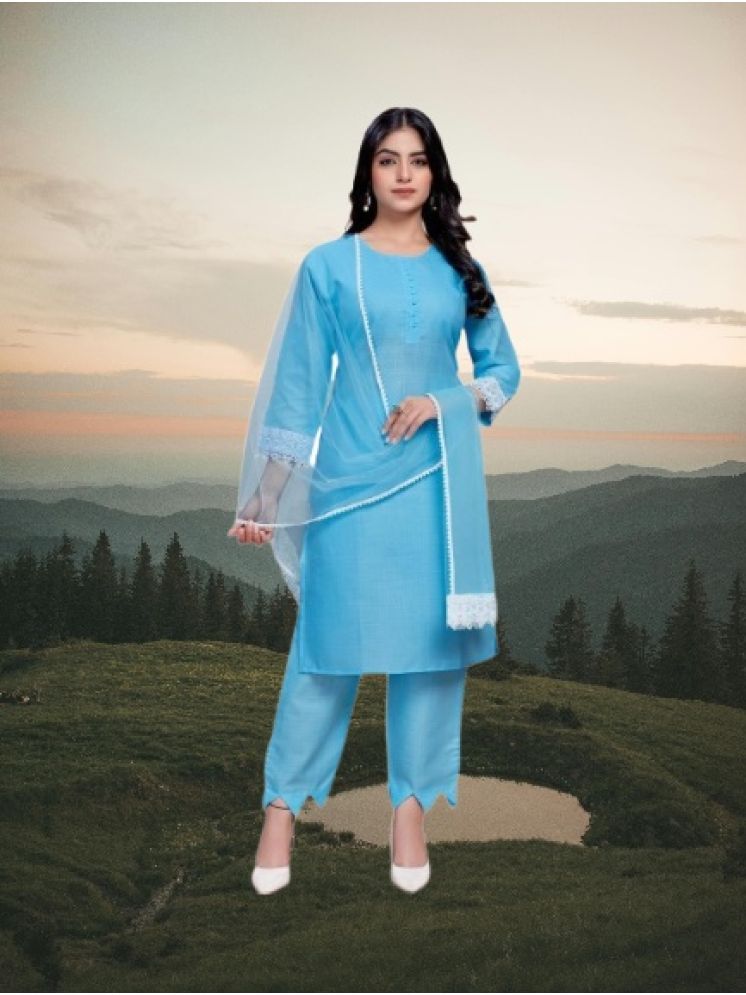     			M Enterprise Cotton Self Design Kurti With Pants Women's Stitched Salwar Suit - Light Blue ( Pack of 1 )