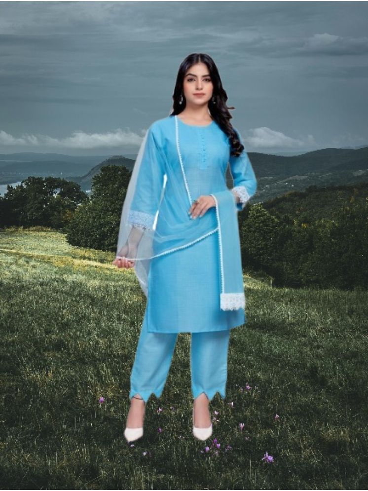     			M Enterprise Cotton Self Design Kurti With Pants Women's Stitched Salwar Suit - Light Blue ( Pack of 1 )