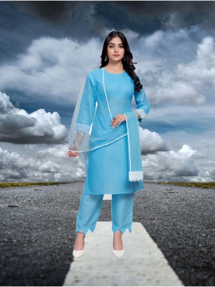     			M Enterprise Cotton Self Design Kurti With Pants Women's Stitched Salwar Suit - Light Blue ( Pack of 1 )