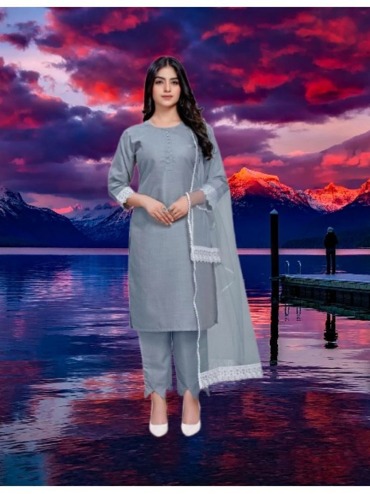     			M Enterprise Cotton Self Design Kurti With Pants Women's Stitched Salwar Suit - Light Grey ( Pack of 1 )