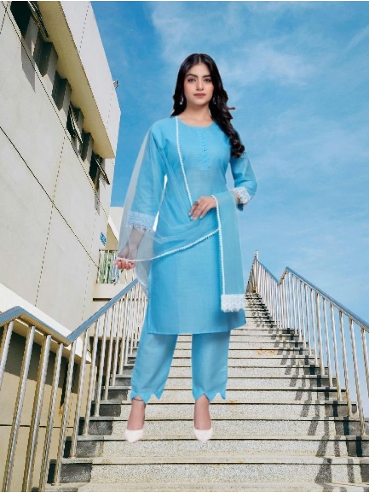     			M Enterprise Cotton Self Design Kurti With Pants Women's Stitched Salwar Suit - Light Blue ( Pack of 1 )