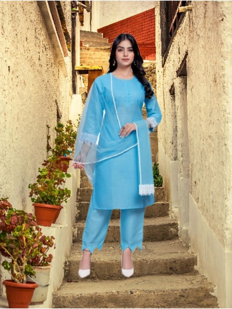     			M Enterprise Cotton Self Design Kurti With Pants Women's Stitched Salwar Suit - Light Blue ( Pack of 1 )