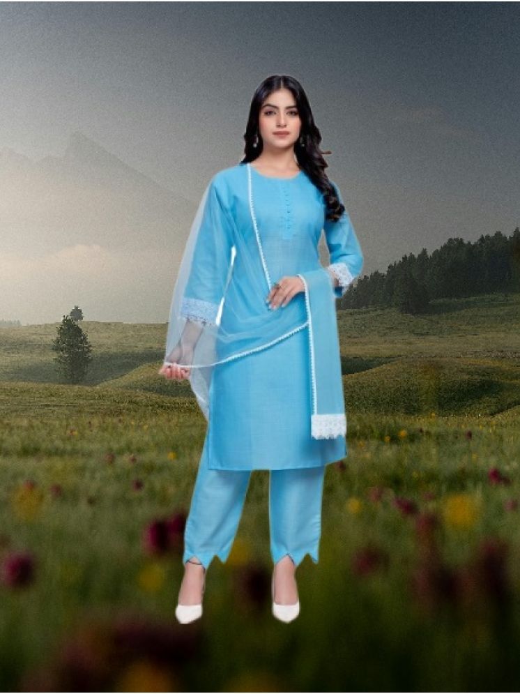     			M Enterprise Cotton Self Design Kurti With Pants Women's Stitched Salwar Suit - Light Blue ( Pack of 1 )