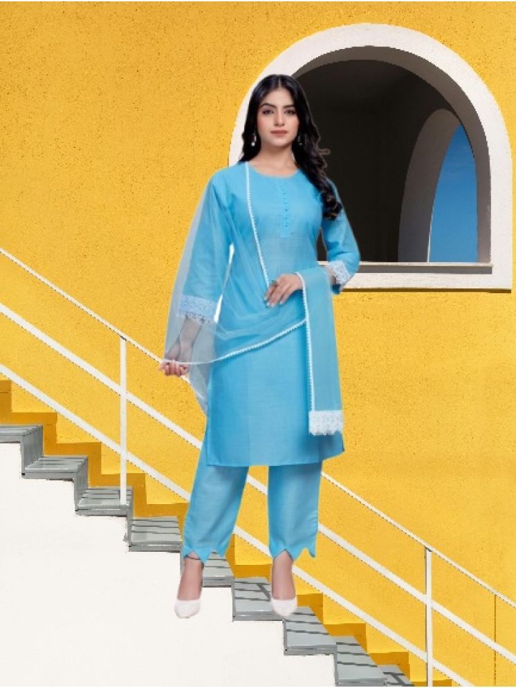     			M Enterprise Cotton Self Design Kurti With Pants Women's Stitched Salwar Suit - Light Blue ( Pack of 1 )