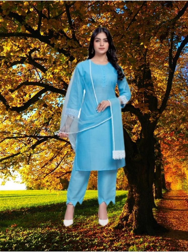     			M Enterprise Cotton Self Design Kurti With Pants Women's Stitched Salwar Suit - Light Blue ( Pack of 1 )