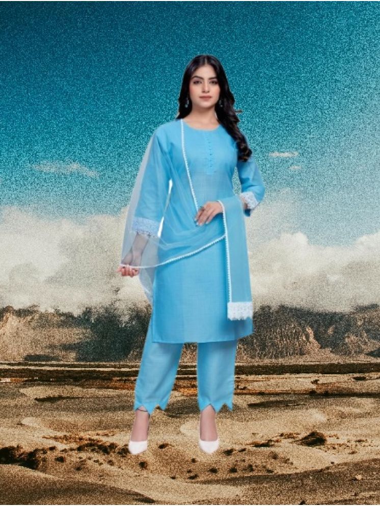     			M Enterprise Cotton Self Design Kurti With Pants Women's Stitched Salwar Suit - Light Blue ( Pack of 1 )