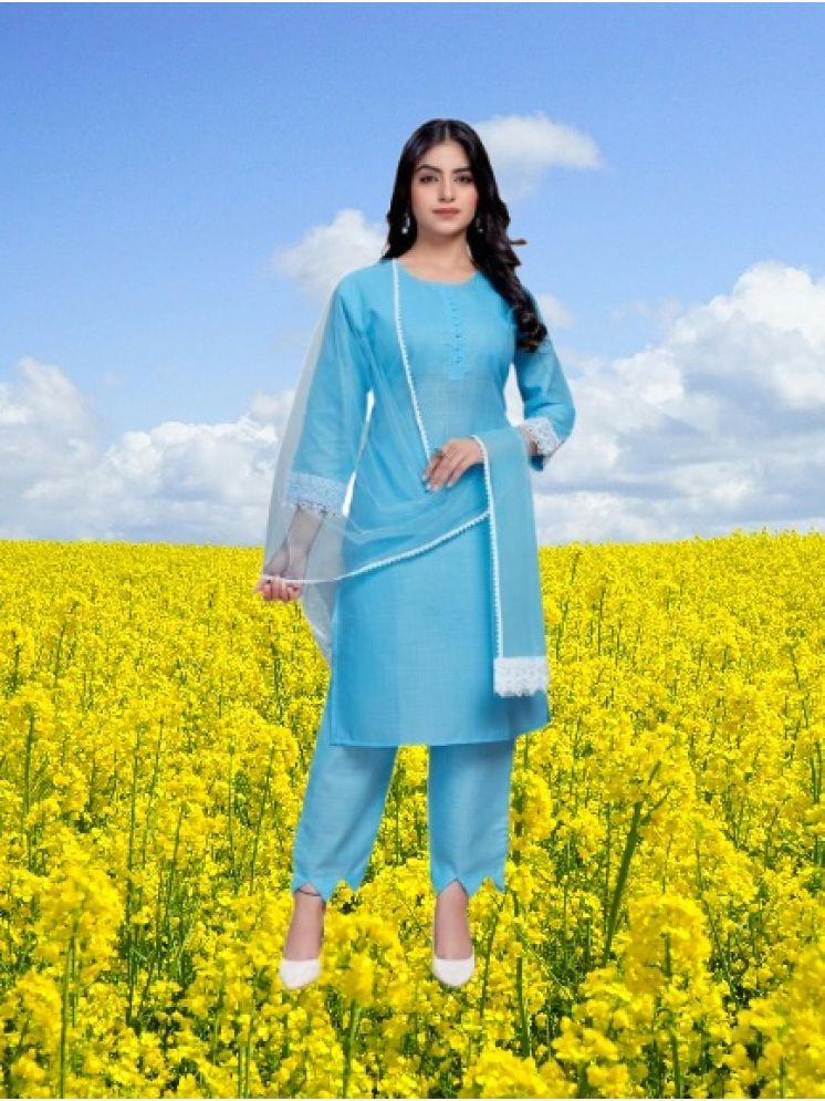     			M Enterprise Cotton Self Design Kurti With Pants Women's Stitched Salwar Suit - Light Blue ( Pack of 1 )