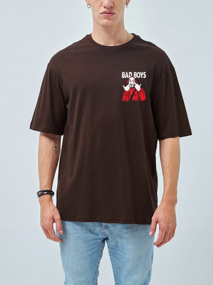     			MANLINO Cotton Blend Oversized Fit Printed Half Sleeves Men's Round T-Shirt - Brown ( Pack of 1 )