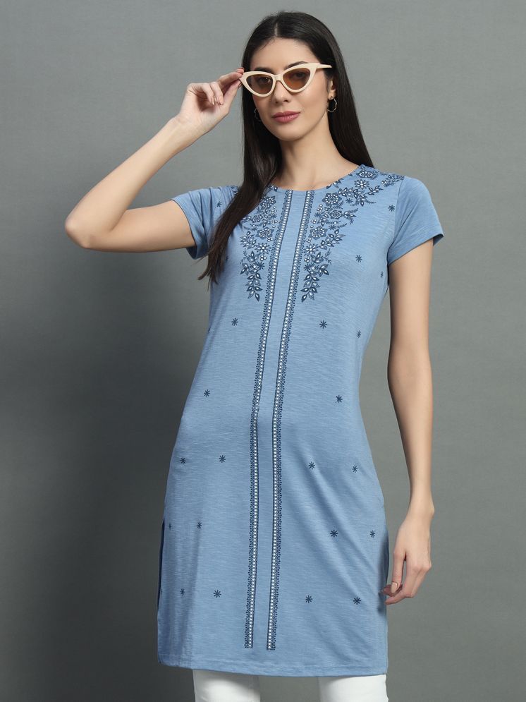     			BELLAFINO Pack of 1 Cotton Blend Printed Straight Women's Kurti - ( Blue )