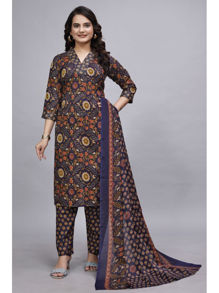     			Devakii Cotton Blend Printed Kurti With Pants Women's Stitched Salwar Suit - Navy Blue ( Pack of 1 )