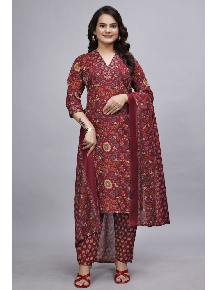     			Devakii Cotton Blend Printed Kurti With Pants Women's Stitched Salwar Suit - Maroon ( Pack of 1 )