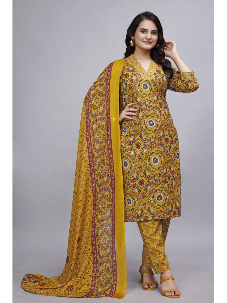     			Devakii Cotton Blend Printed Kurti With Pants Women's Stitched Salwar Suit - Mustard ( Pack of 1 )