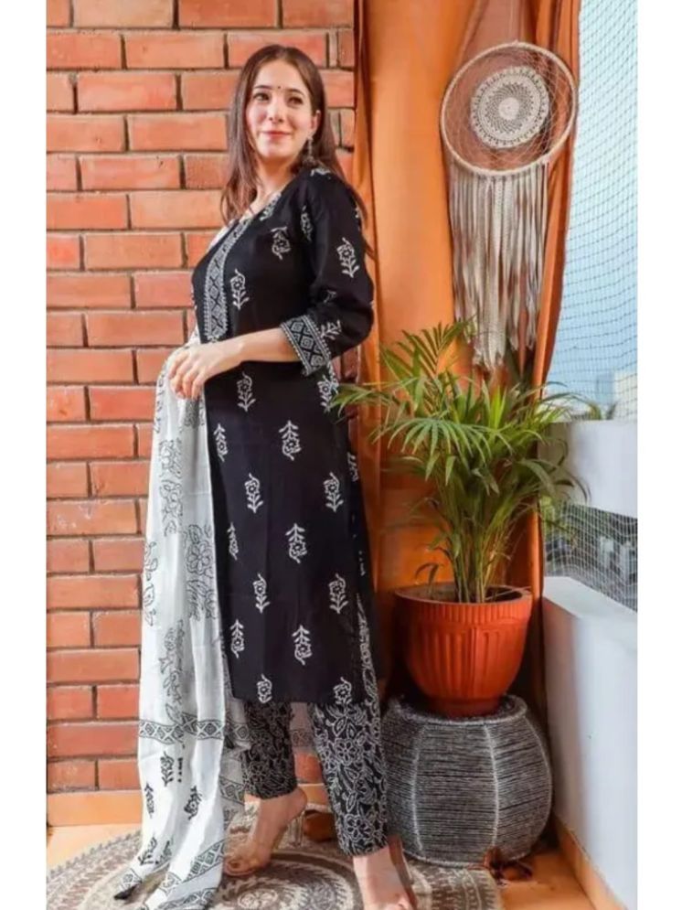     			Fargin Rayon Printed Kurti With Pants Women's Stitched Salwar Suit - Black ( Pack of 3 )