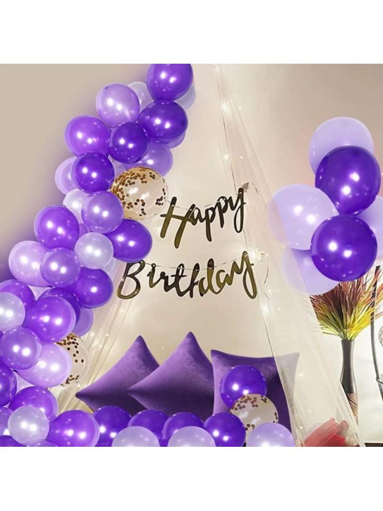     			PartyBooms Happy Birthday Cursive Gold Decoration Item, 1 White Net Curtain, 5 Confetti Balloon, 20 Purple Balloons, 20 White Metallic Balloons Pack of 27