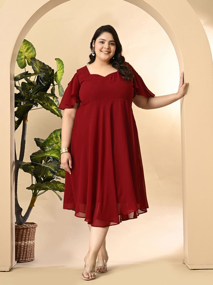     			PrettyPlus by Desinoor.com Georgette Solid Midi Women's Fit & Flare Dress - Maroon ( Pack of 1 )