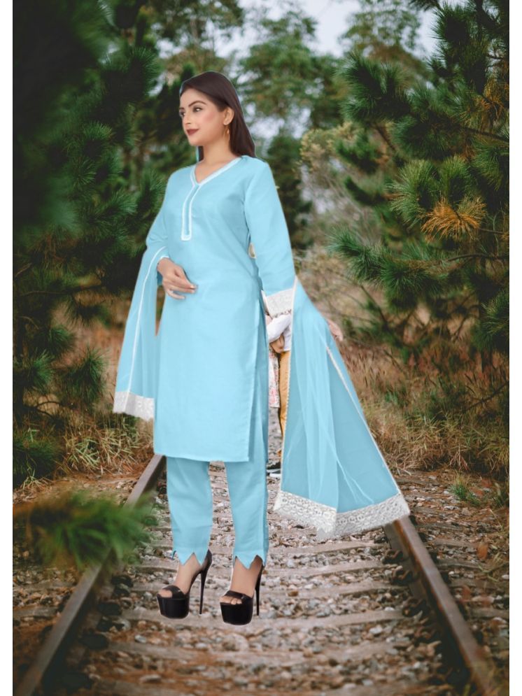     			RUTSH CREATION Cotton Self Design Kurti With Pants Women's Stitched Salwar Suit - Light Blue ( Pack of 1 )