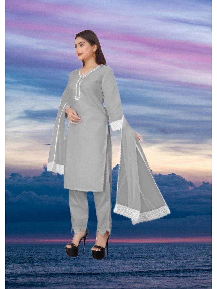     			RUTSH CREATION Cotton Self Design Kurti With Pants Women's Stitched Salwar Suit - Light Grey ( Pack of 1 )