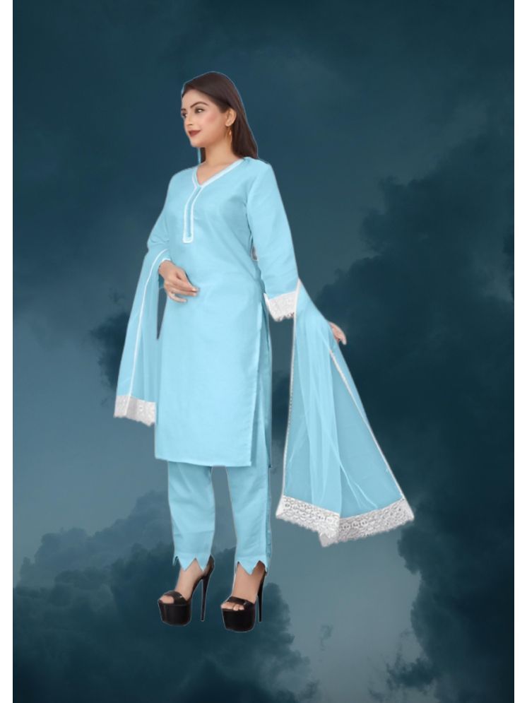     			RUTSH CREATION Cotton Self Design Kurti With Pants Women's Stitched Salwar Suit - Light Blue ( Pack of 1 )