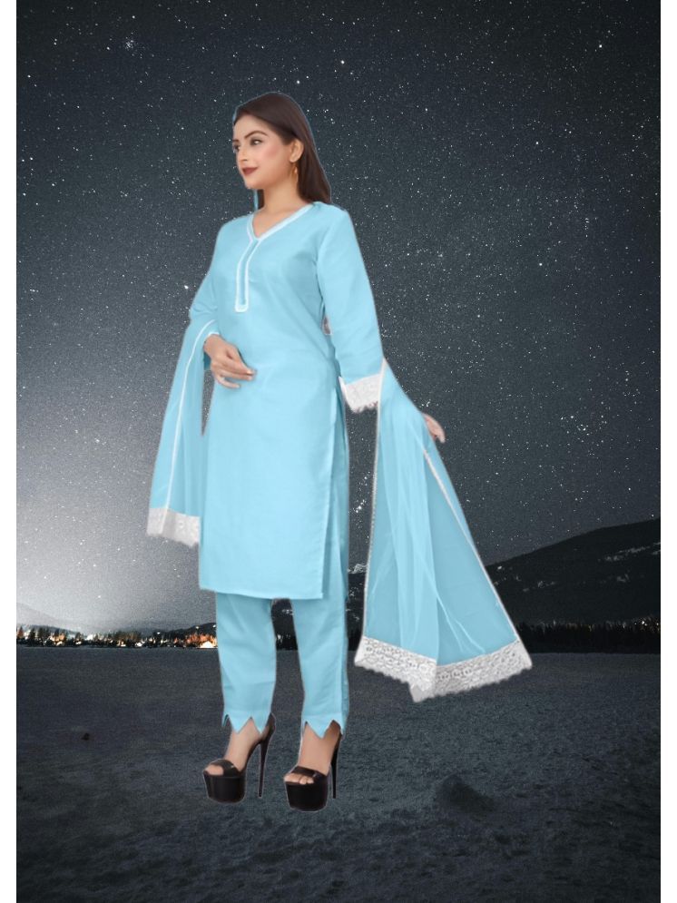     			RUTSH CREATION Cotton Self Design Kurti With Pants Women's Stitched Salwar Suit - Light Blue ( Pack of 1 )