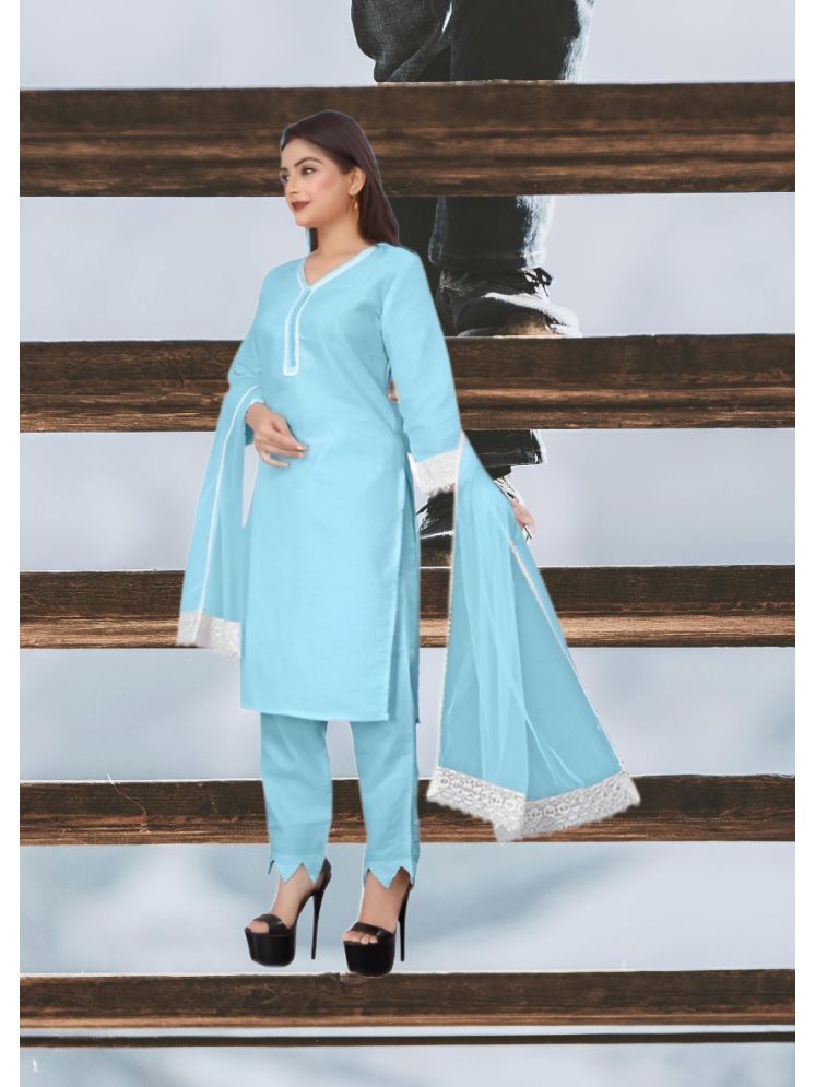     			RUTSH CREATION Cotton Self Design Kurti With Pants Women's Stitched Salwar Suit - Light Blue ( Pack of 1 )