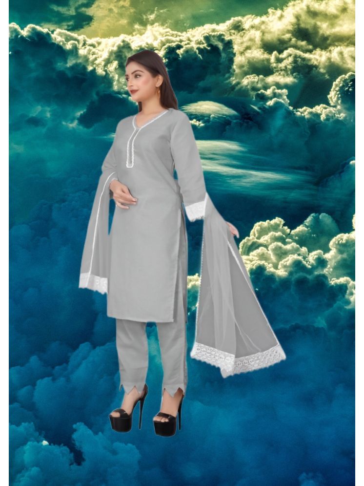     			RUTSH CREATION Cotton Self Design Kurti With Pants Women's Stitched Salwar Suit - Light Grey ( Pack of 1 )