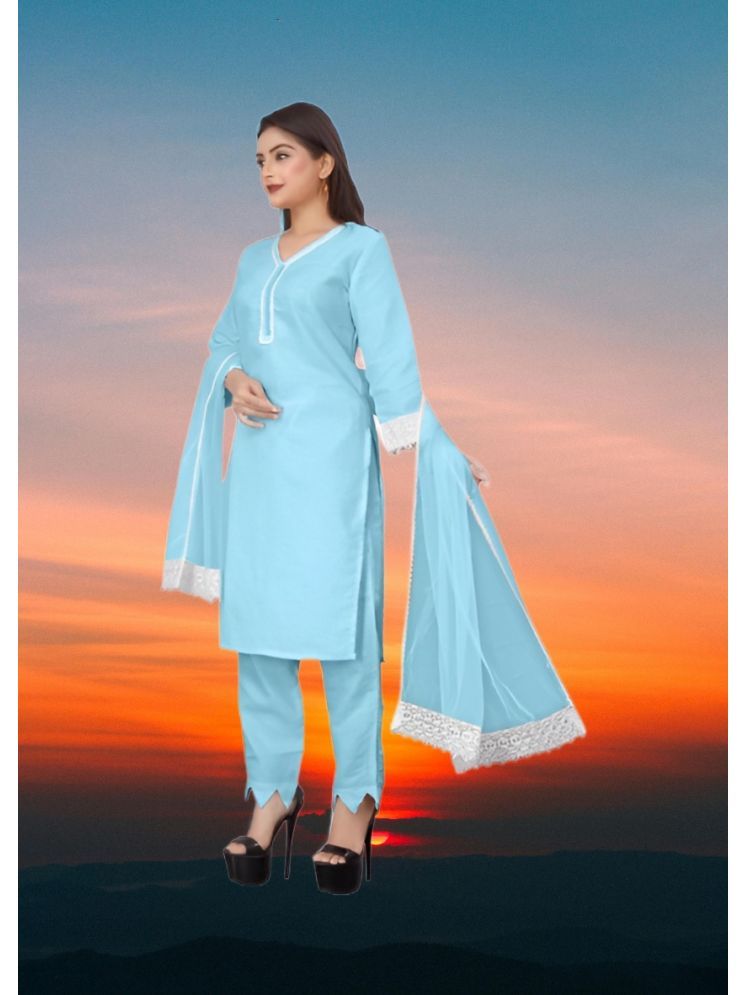     			RUTSH CREATION Cotton Self Design Kurti With Pants Women's Stitched Salwar Suit - Light Blue ( Pack of 1 )