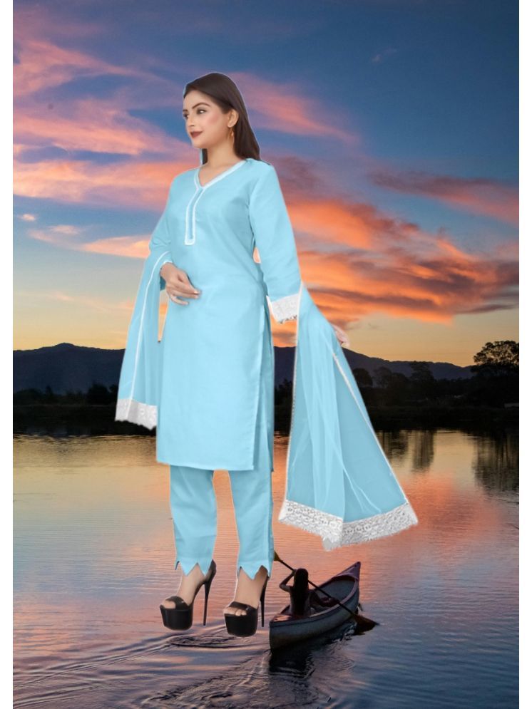     			RUTSH CREATION Cotton Self Design Kurti With Pants Women's Stitched Salwar Suit - Light Blue ( Pack of 1 )