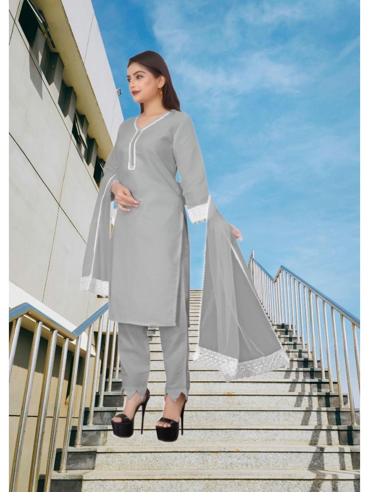     			RUTSH CREATION Cotton Self Design Kurti With Pants Women's Stitched Salwar Suit - Light Grey ( Pack of 1 )