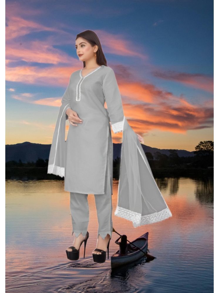     			RUTSH CREATION Cotton Self Design Kurti With Pants Women's Stitched Salwar Suit - Light Grey ( Pack of 1 )