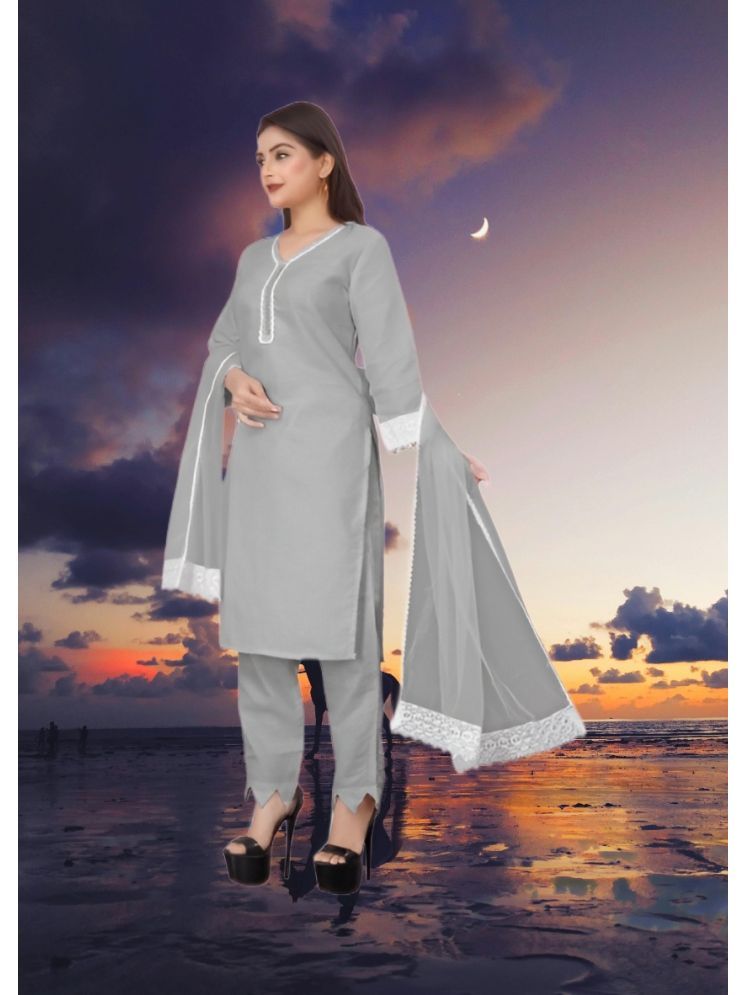     			RUTSH CREATION Cotton Self Design Kurti With Pants Women's Stitched Salwar Suit - Light Grey ( Pack of 1 )