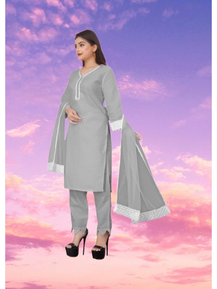     			RUTSH CREATION Cotton Self Design Kurti With Pants Women's Stitched Salwar Suit - Light Grey ( Pack of 1 )