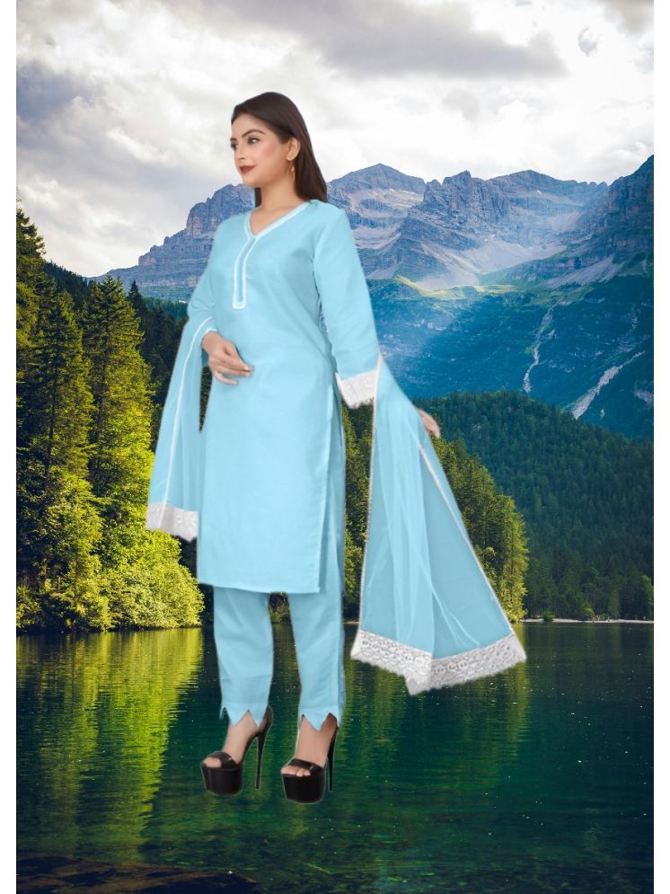     			RUTSH CREATION Cotton Self Design Kurti With Pants Women's Stitched Salwar Suit - Light Blue ( Pack of 1 )