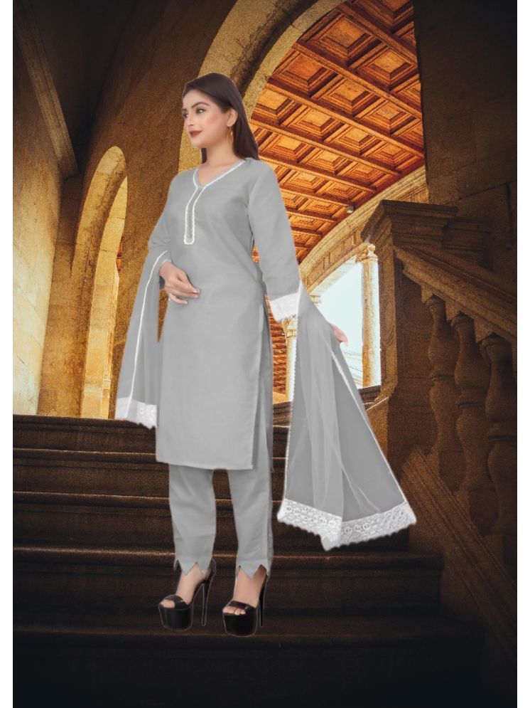     			RUTSH CREATION Cotton Self Design Kurti With Pants Women's Stitched Salwar Suit - Light Grey ( Pack of 1 )