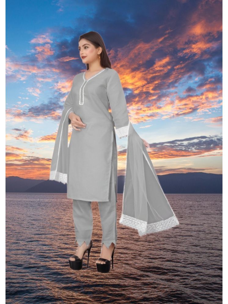     			RUTSH CREATION Cotton Self Design Kurti With Pants Women's Stitched Salwar Suit - Light Grey ( Pack of 1 )