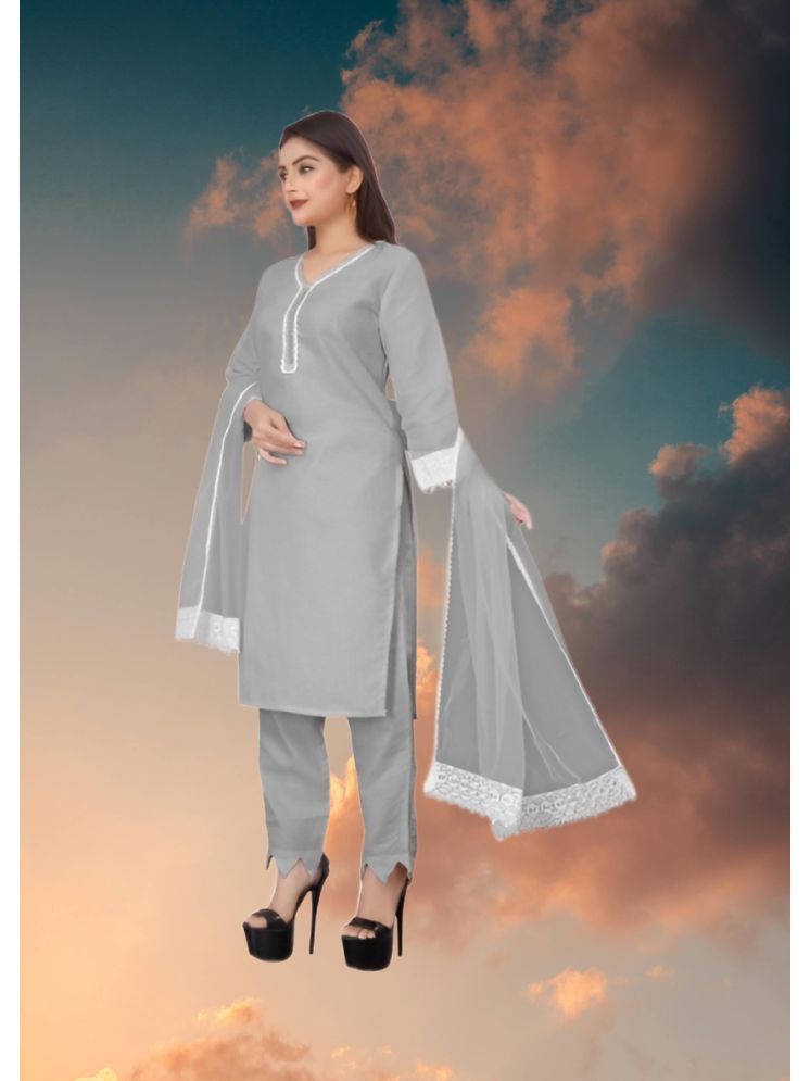     			RUTSH CREATION Cotton Self Design Kurti With Pants Women's Stitched Salwar Suit - Light Grey ( Pack of 1 )