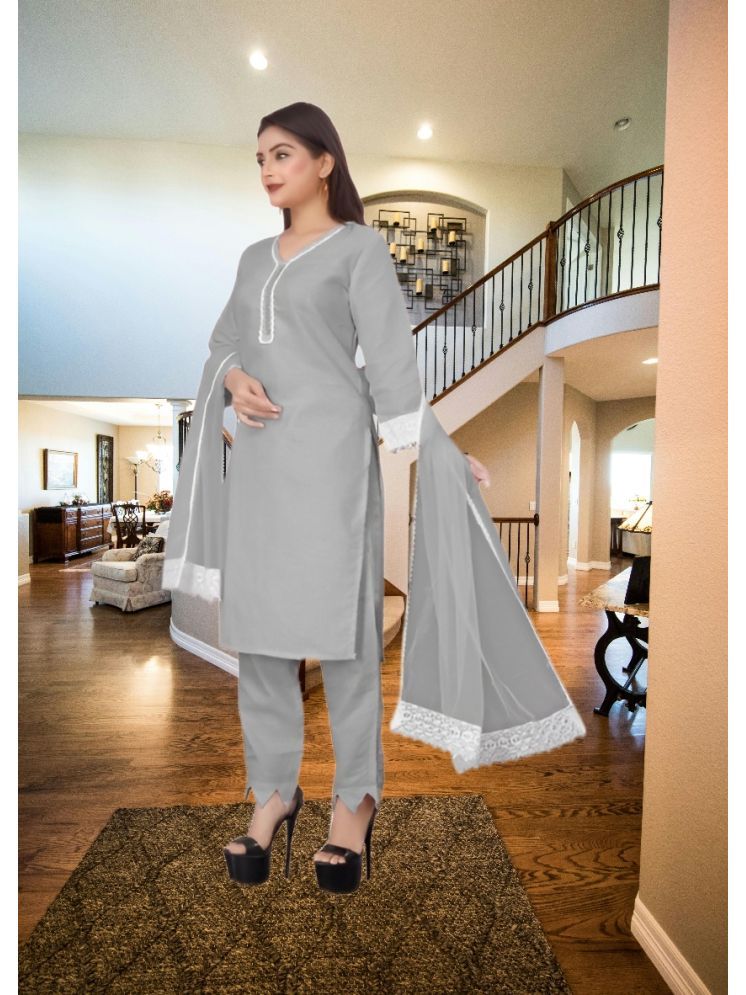     			RUTSH CREATION Cotton Self Design Kurti With Pants Women's Stitched Salwar Suit - Light Grey ( Pack of 1 )