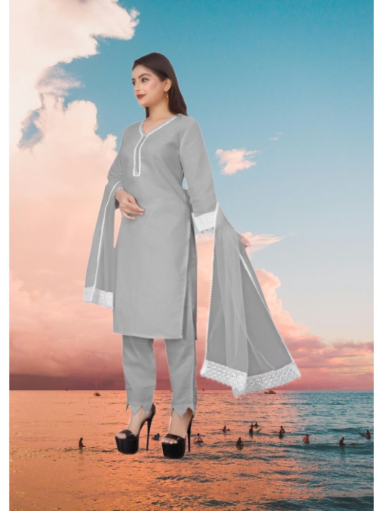     			RUTSH CREATION Cotton Self Design Kurti With Pants Women's Stitched Salwar Suit - Light Grey ( Pack of 1 )