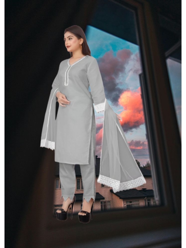     			RUTSH CREATION Cotton Self Design Kurti With Pants Women's Stitched Salwar Suit - Light Grey ( Pack of 1 )