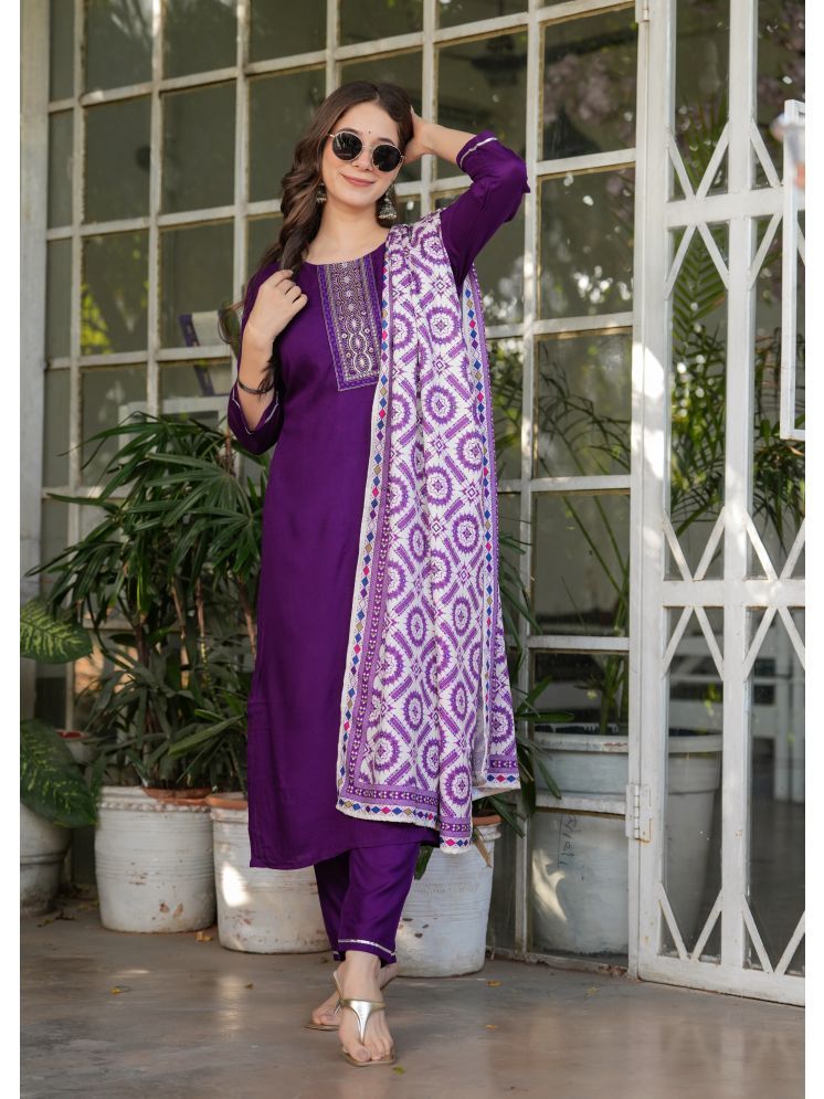     			Vividvibe Viscose Embellished Kurti With Pants Women's Stitched Salwar Suit - Purple ( Pack of 1 )