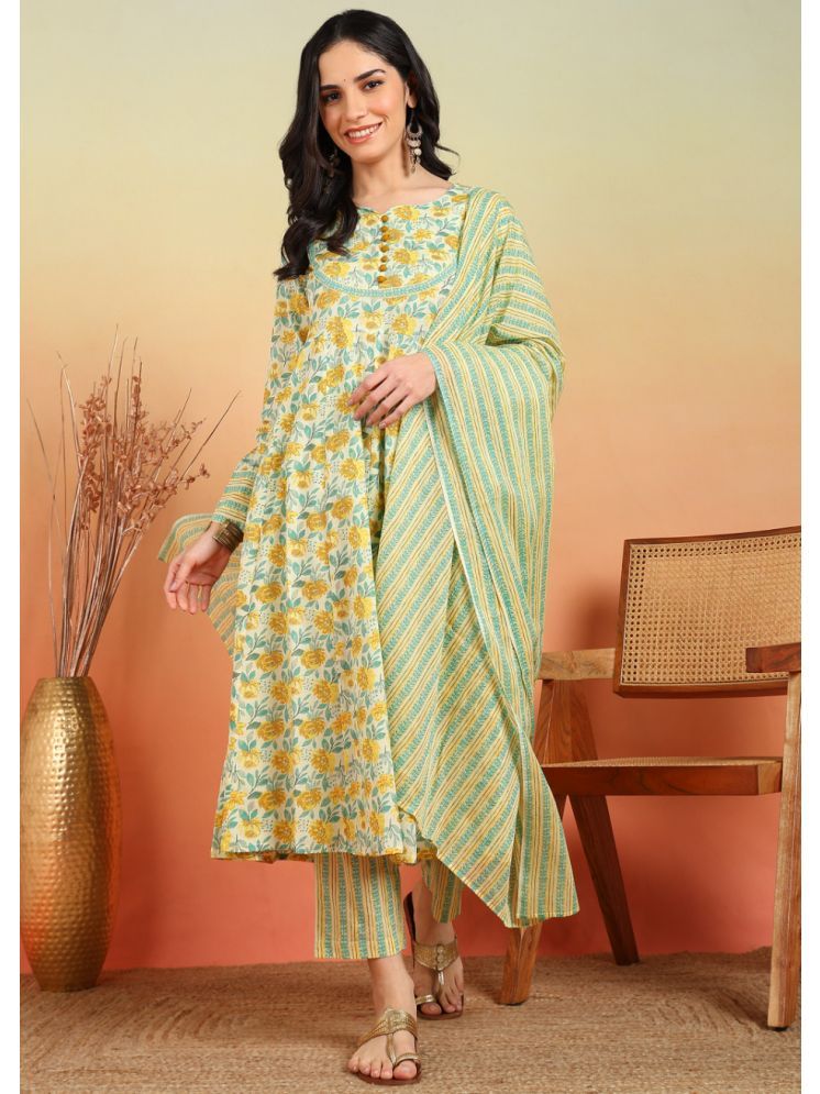     			Yash Gallery Cotton Printed Kurti With Pants Women's Stitched Salwar Suit - Yellow ( Pack of 1 )