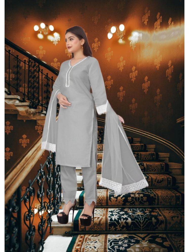     			RUTSH CREATION Cotton Self Design Kurti With Pants Women's Stitched Salwar Suit - Light Grey ( Pack of 1 )