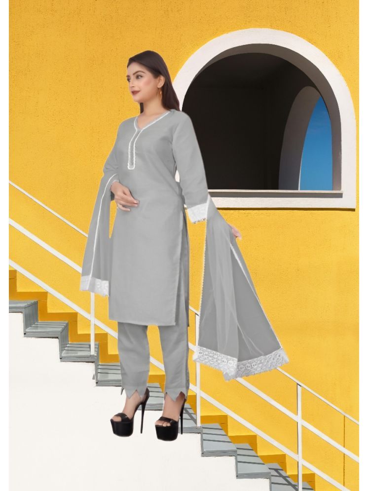     			RUTSH CREATION Cotton Self Design Kurti With Pants Women's Stitched Salwar Suit - Light Grey ( Pack of 1 )